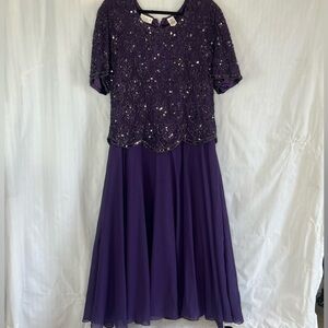 Scala Formal Maxi Gown Purple Beaded Bodice Chiffon Skirt Short Sleeves 1X 👍